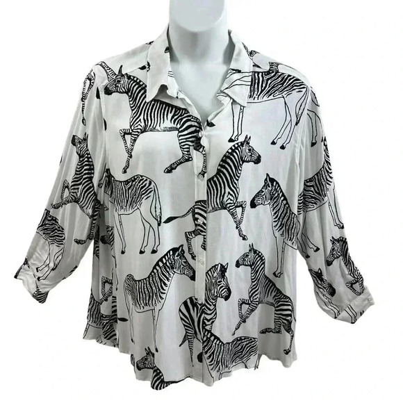 Jane + Delancey white and black zebra print blouse roll tab sleeves 2XL NWT Zoo - Picture 2 of 12